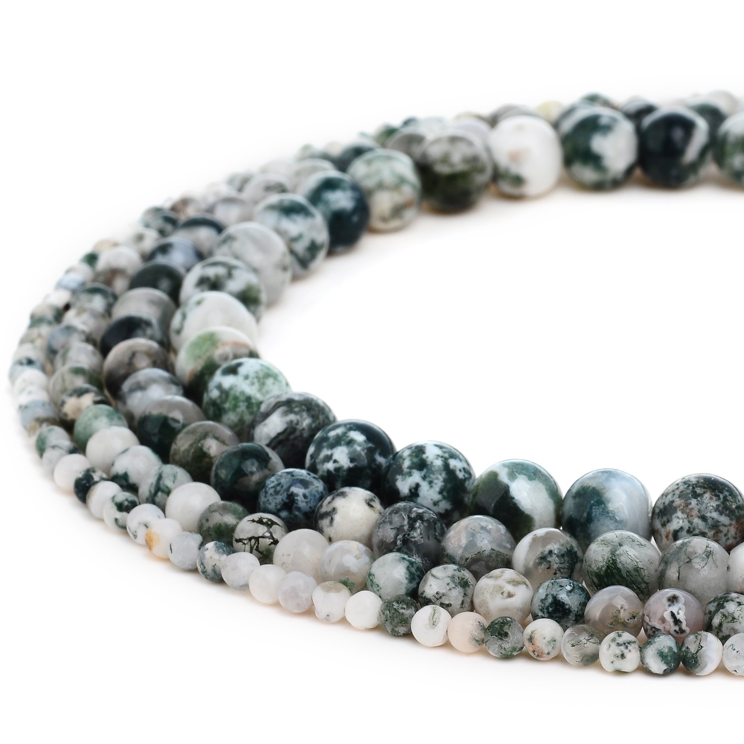 RUBYCA Natural Tree Agate Gemstone Round Loose Beads White Green for Jewelry Making 1 Strand - 4mm