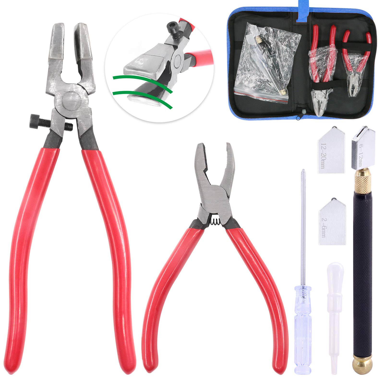 Glarks 4pc Heavy Duty Glass Running Pliers Tools Set - Breaker Grozer Pliers, Glass Cutter & Oil-Feed Carbide Tip for Mosaic & Tiles