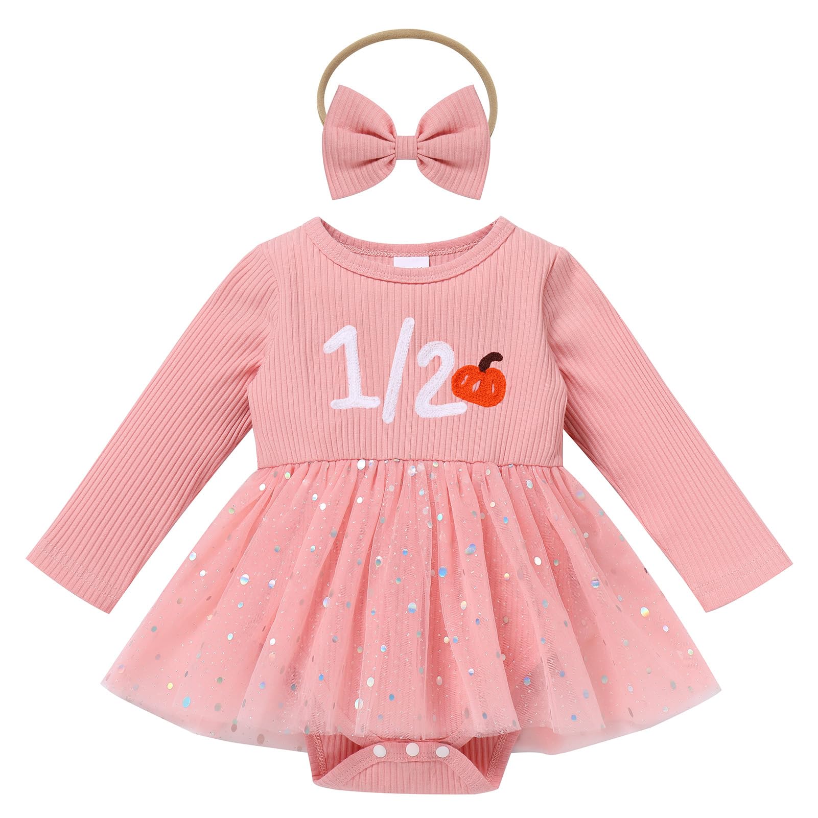 Photo 1 of ***MISSING BOW*** AWIBMK Half Birthday Outfits Baby Girls Snowflake Pumpkin 1/2 Long Sleeve Romper Dress Headband Photo Shoot Outfits Pink 1/2 Pumpkin 3-6 Months