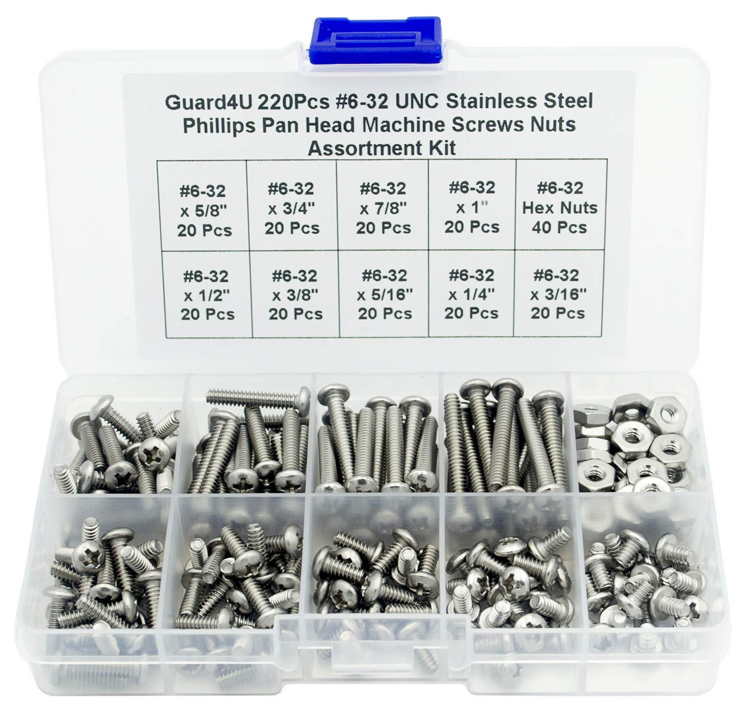 Guard4U 220Pcs #6-32 UNC Stainless Steel Phillips Pan Head Machine Screws Nuts Assortment Kit- #6-32x 3/16" 1/4" 5/16" 3/8" 1/2" 5/8" 3/4" 7/8" 1"