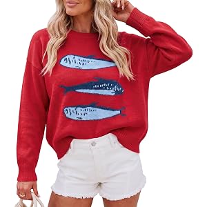 Cicy Bell Womens Fish Graphic Sweaters Lightweight Knit Crewneck Pullover | Sardine Animal Pattern, Long Sleeve, Casual Trend