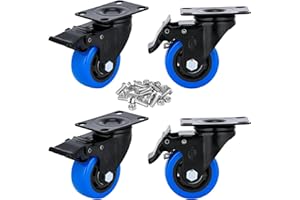 YOOGAA Caster Wheel 3 inch Heavy Duty 1500 Lbs Casters No Noise Dual Lock PU Wheels Workbench Casters Cart Wheels for Furniture Swivel Plate Castor Pack 4 Blue
