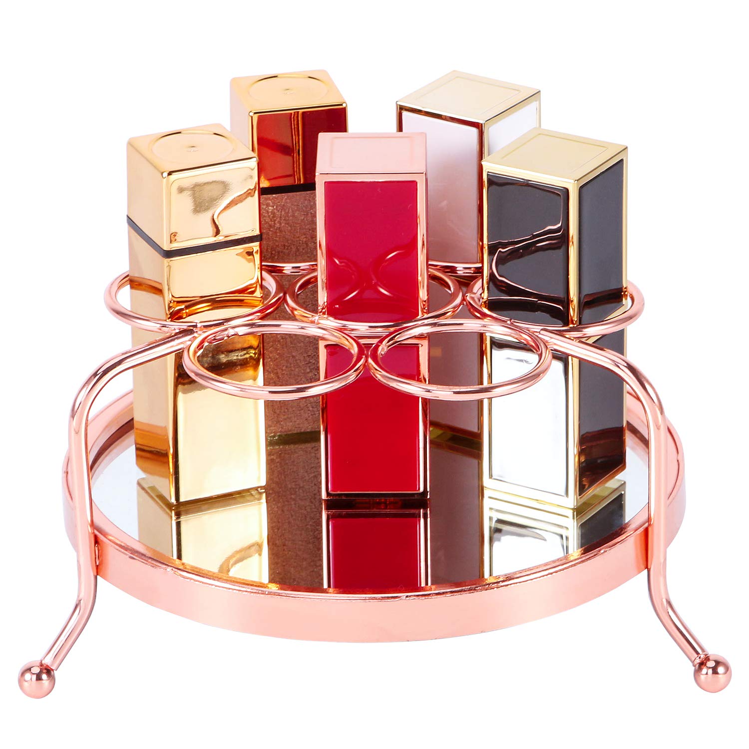 Nugorise Lipstick Holder, 7 Slot Lipstick Organizer with Mirrored Base, Metal Makeup Storage Display Rack for Lip Gloss, Nail Polish, Essential Oil and More, Rose Gold