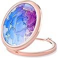 Nipichsha Compact Mirror, Pocket Travel Makeup Mirror, 2 - Sided 2X / 1X Magnification, Small Folding Portable Handheld, 2.75 in Rose Gold, Blue Purple Marble