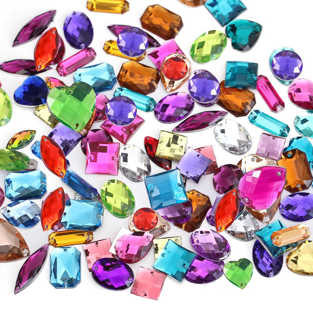 Blinginbox 300pcs Acrylic Sew on Rhinestone Flatback Sewing Crystals Gems with 2 Holes, Mix Shapes & Sizes Jewelry Gemstones for Clothes DIY Crafts Dress Shoes Bags Decorations