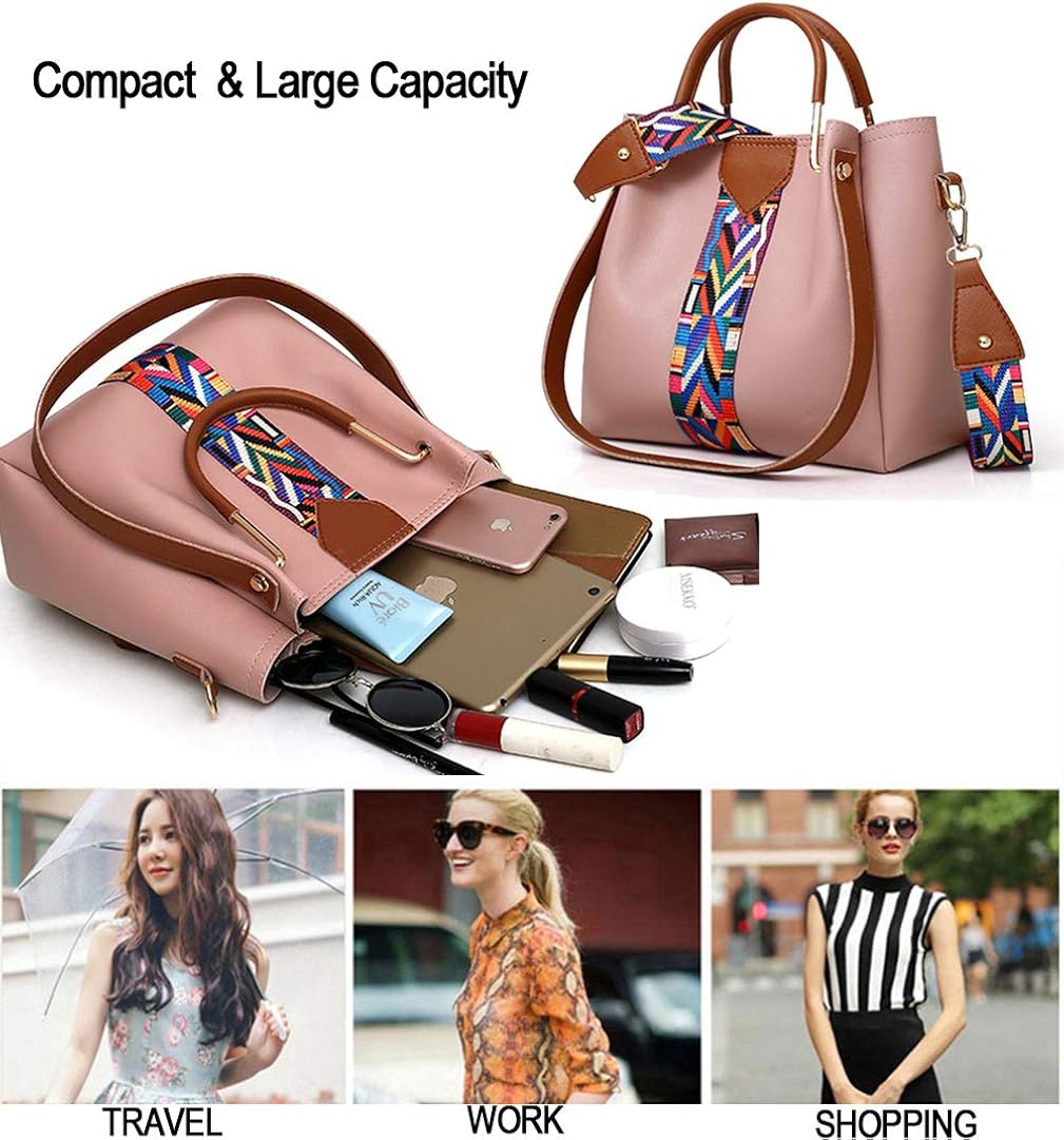 Women Handbag Set 4 in 1 Soft PU Leather Top Handle Bag, Tote Bag, Shoulder Bags Crossbody Bag Wallet Purse Set (Pink) - Image 5