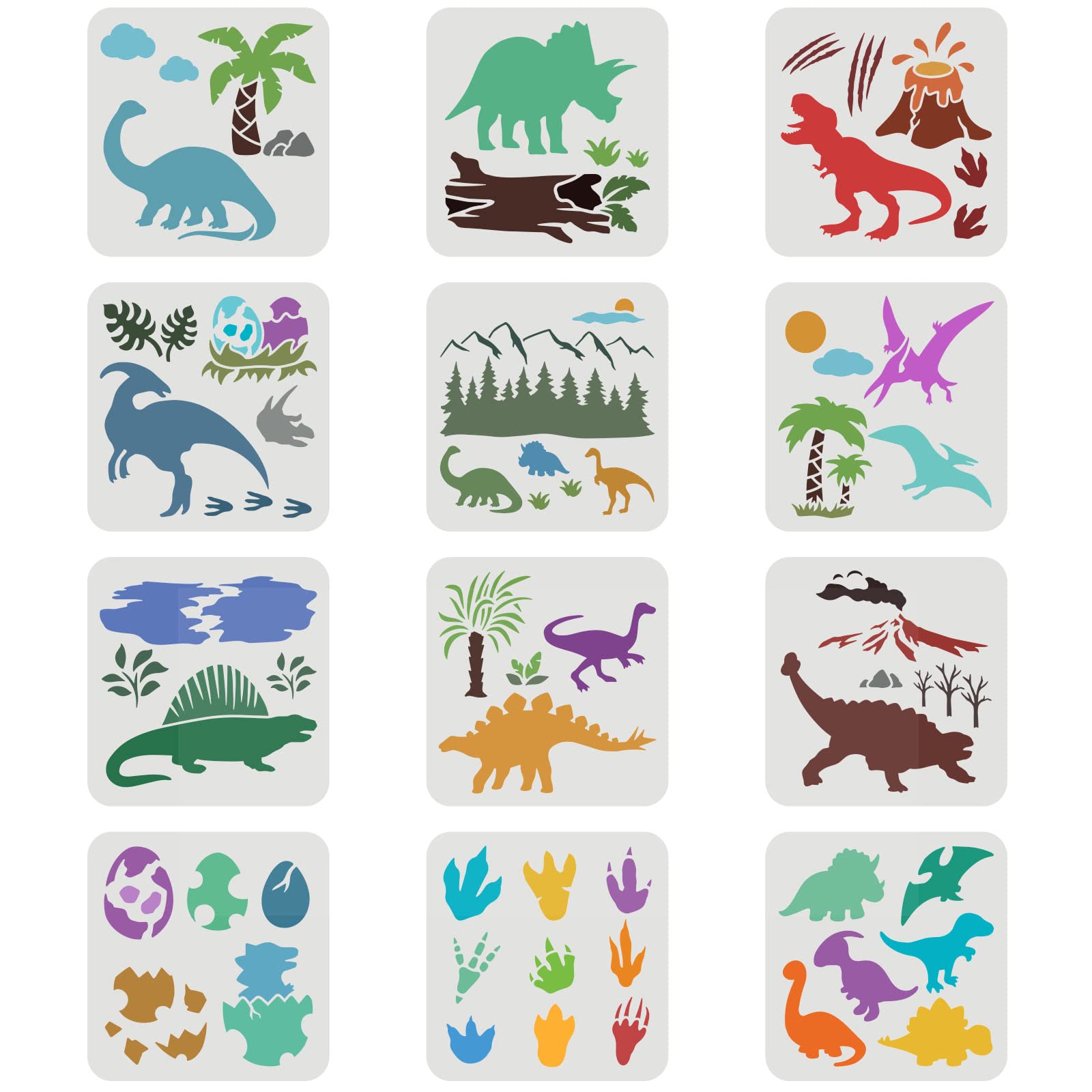 FINGERINSPIRE 12 Pcs Dinosaur Stencils 20x20cm Dinosaur Forest Stencil Plastic Dinosaurs Footprint Eggs Stencils Reusable Tyrannosaurus Pterosaur Pattern Stencil for DIY Scrapbooks Painting Crafts