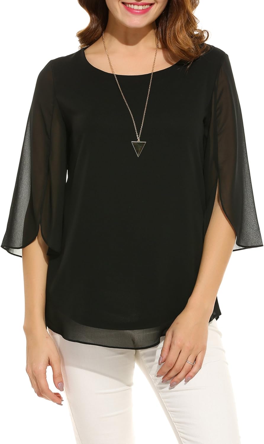 ACEVOG Womens Casual Scoop Neck Loose Top 3/4 Sleeve Chiffon Blouse Shirt Tops: Clothing