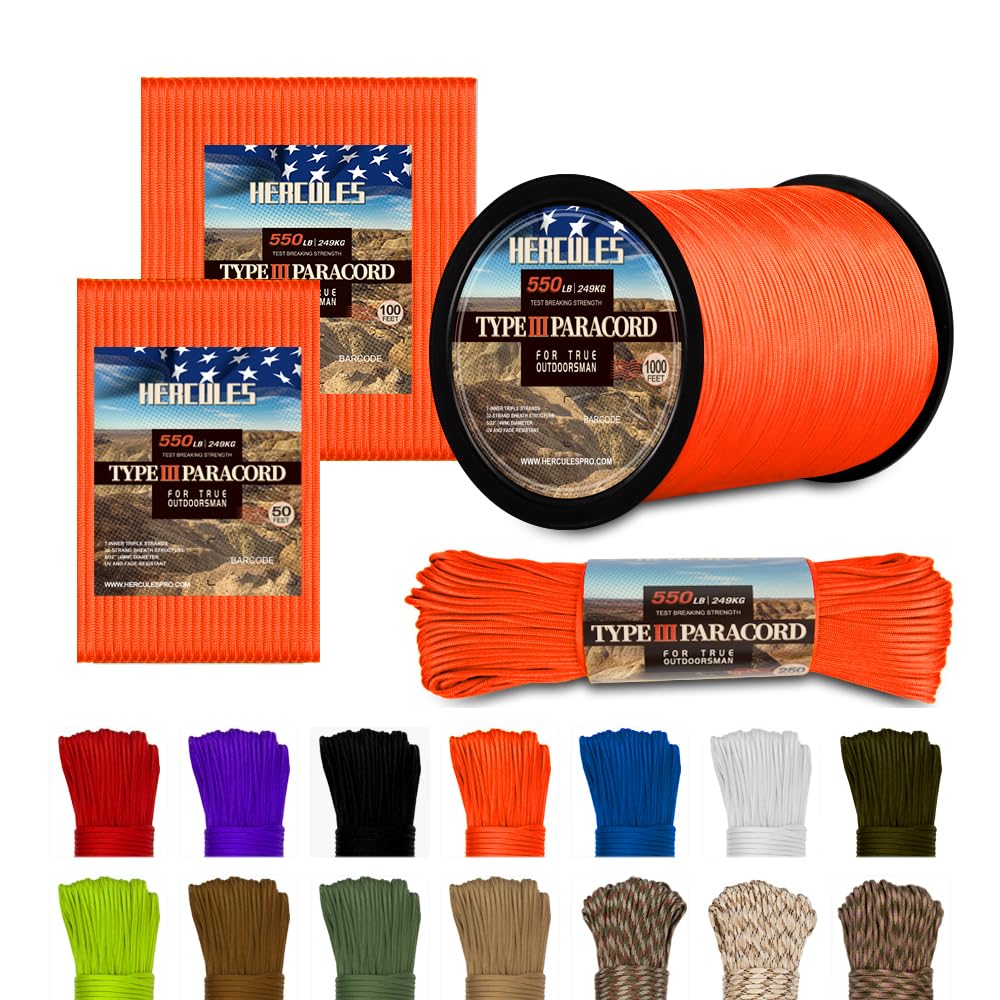 HERCULES 550 Paracord 4mm Type III 7 Strands Parachute Cord, 50' Neon Orange Utility Rope for Crafting, DIY, Camping, Survival, Outdoor