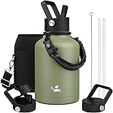 Konokyo Insulated Water Bottle with Straw,50 oz 3 Lids Water Jug with Carrying Bag,Paracord Handle,Double Wall Vacuum Stainless Steel Metal Flask,Camp Green