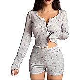 SOLY HUX Women's Floral Pajama Set Lace Trim Long Sleeve Button Down Shirt and Shorts Fall Loungewear Sleepwear