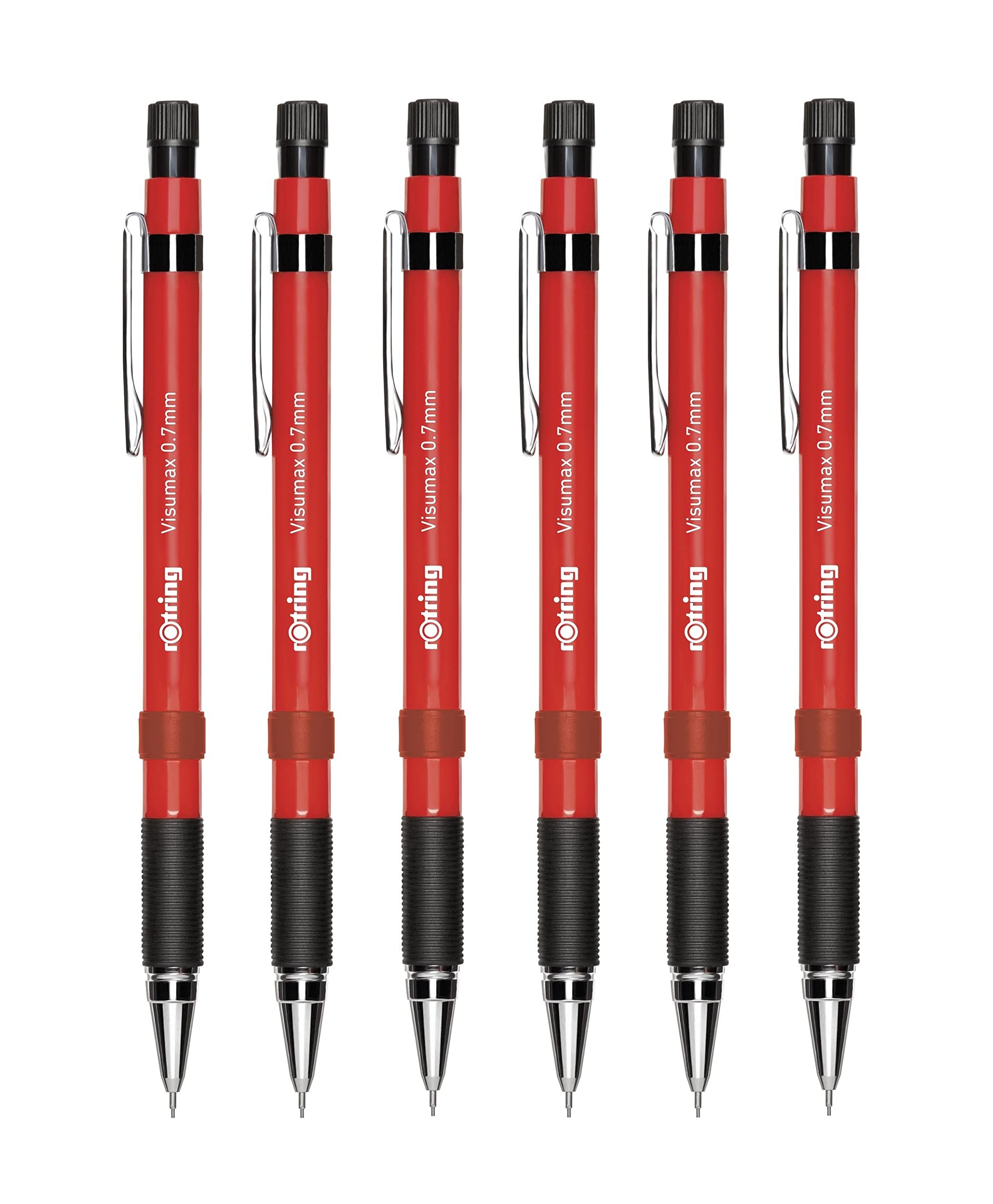 rOtring Visumax Mechanical Pencils - 0.7mm - Pack of 6 - Refillable - Twist Out Eraser - Rubber Grip (Red Barrels)