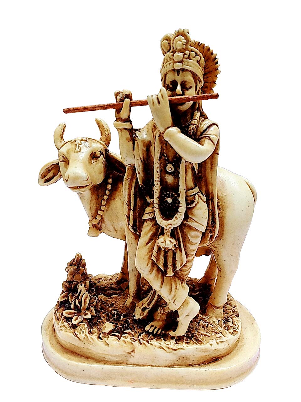 Purpledip Resin Idol Lord Krishna with Cow: Stone Finish Statue for Home Temple (11645)