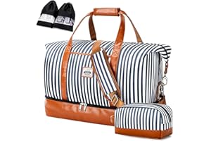 Lekebobor Weekender Bag for Women Travel Overnight Bag with Shoes Bags Shoes Compartment Toiletry Bag, Travel Duffle Bag for Women Large Holdall Travel Weekend Bag 50L (Blue Striped)