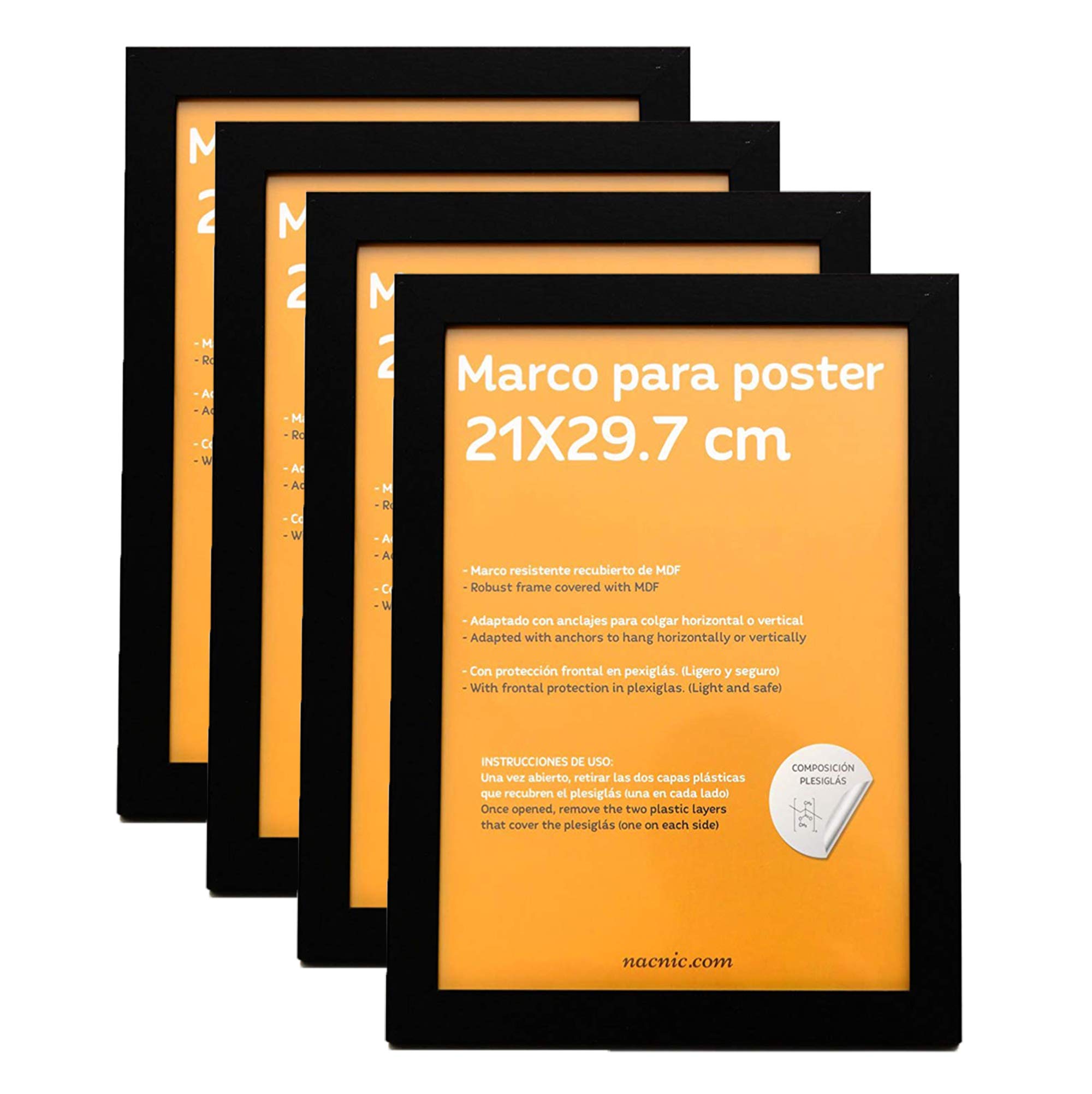 Nacnic Set of 4 Robust Classic photo frame to protect and display photos, diplomas, billboards, posters, pictures... Frames in different sizes and colours. Black, size A4