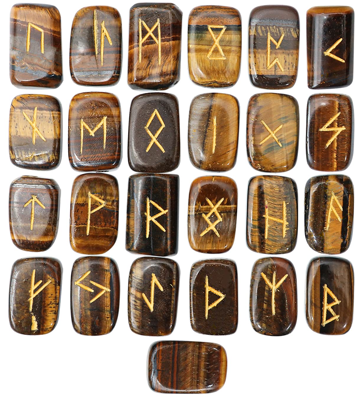 Crocon® Tiger Eye Rectangle Shape Gemstone Runes with Elder Futhark Alphabet Engraved 25 pcs Rune Set Crystal Divination Metaphysical Healing Chakra Reiki Runes Set with a Pouch Size : 20-25mm