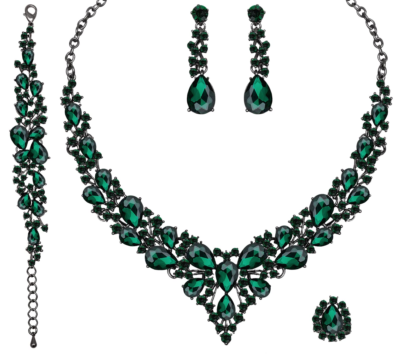 CSY 4 Pcs/Set Austrian Crystal Necklace Earrings Bracelet Ring Bridal Jewelry Sets for Brides Wedding Party Costume Accessories Gifts for Women