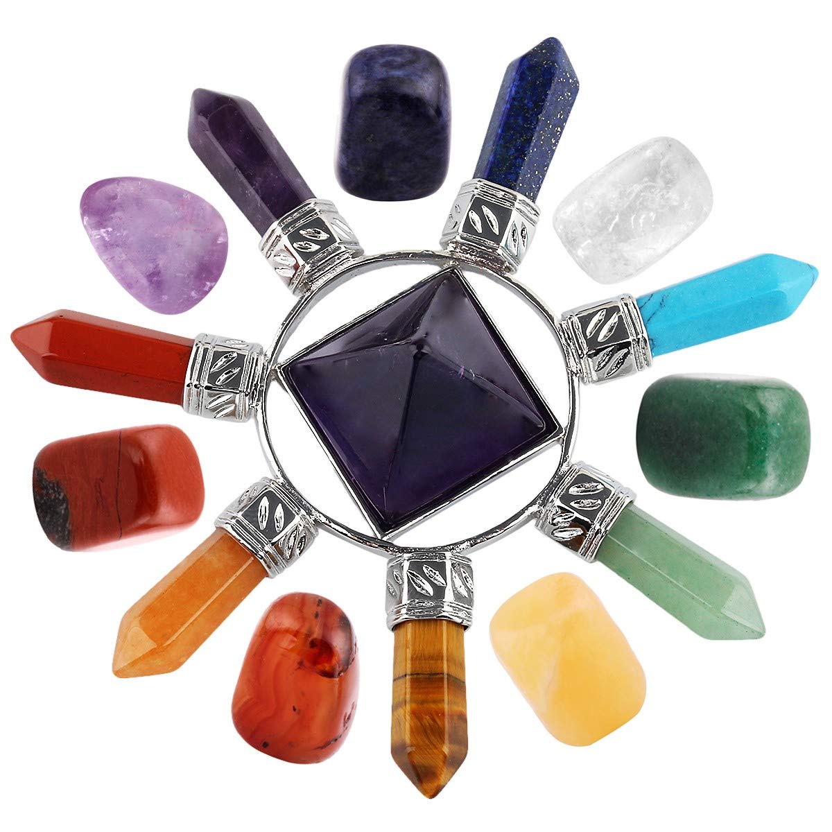 mookaitedecor 7 Chakra Crystals Set with Amethyst Crystal Pyramid, Healing Crystal Gifts Set Polished Tumbled Worry Stones & Amethyst Pyramid for Reiki Balancing Meditation Crystals Chakra Room Decor