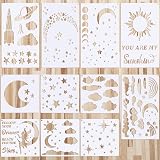 12 Pieces Moon and Star Stencil Clouds Stencil Reusable Star Template Planet Plastic Stencil Template Star for Painting on Wo