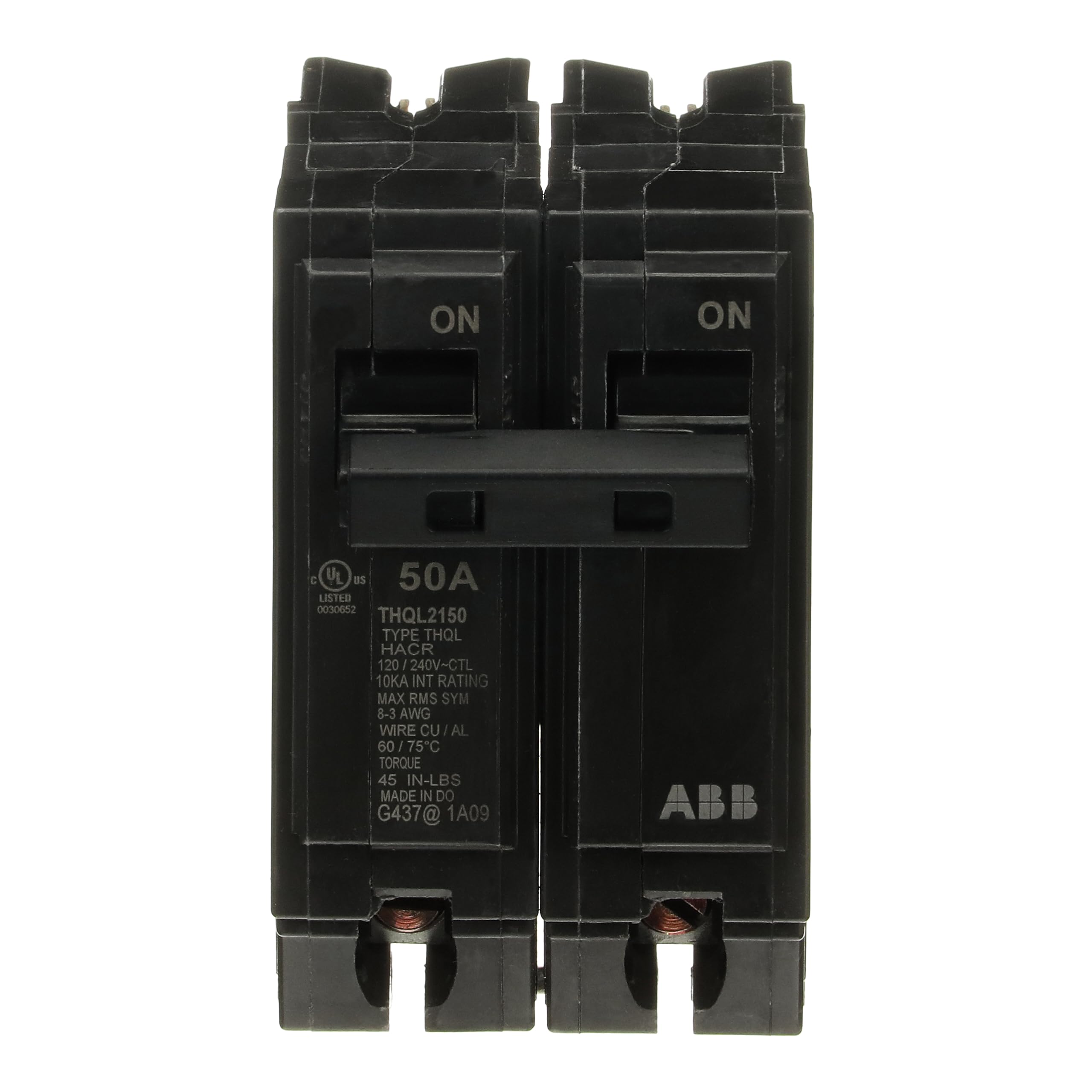 Photo 1 of ABB Q-Line® THQL2150 50A Circuit Breaker • 50 Amp Double Pole Breaker, 120/240 VAC, 10 kAIC • Thermal Magnetic Trip • Long-Time & Instantaneous Protection (LI) • Plug-in Mount