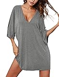 Ekouaer Deep V Neck Sleepshirt Sexy Cotton