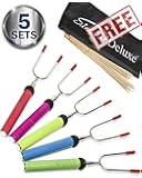 [FREE BONUS] Set of 5 Marshmallow Roasting Sticks 34 Inch Telescoping BBQ Skewers Premium Stainless Steel Smores & Hot Dog Skewers + Free Bamboo Skewers and Bag