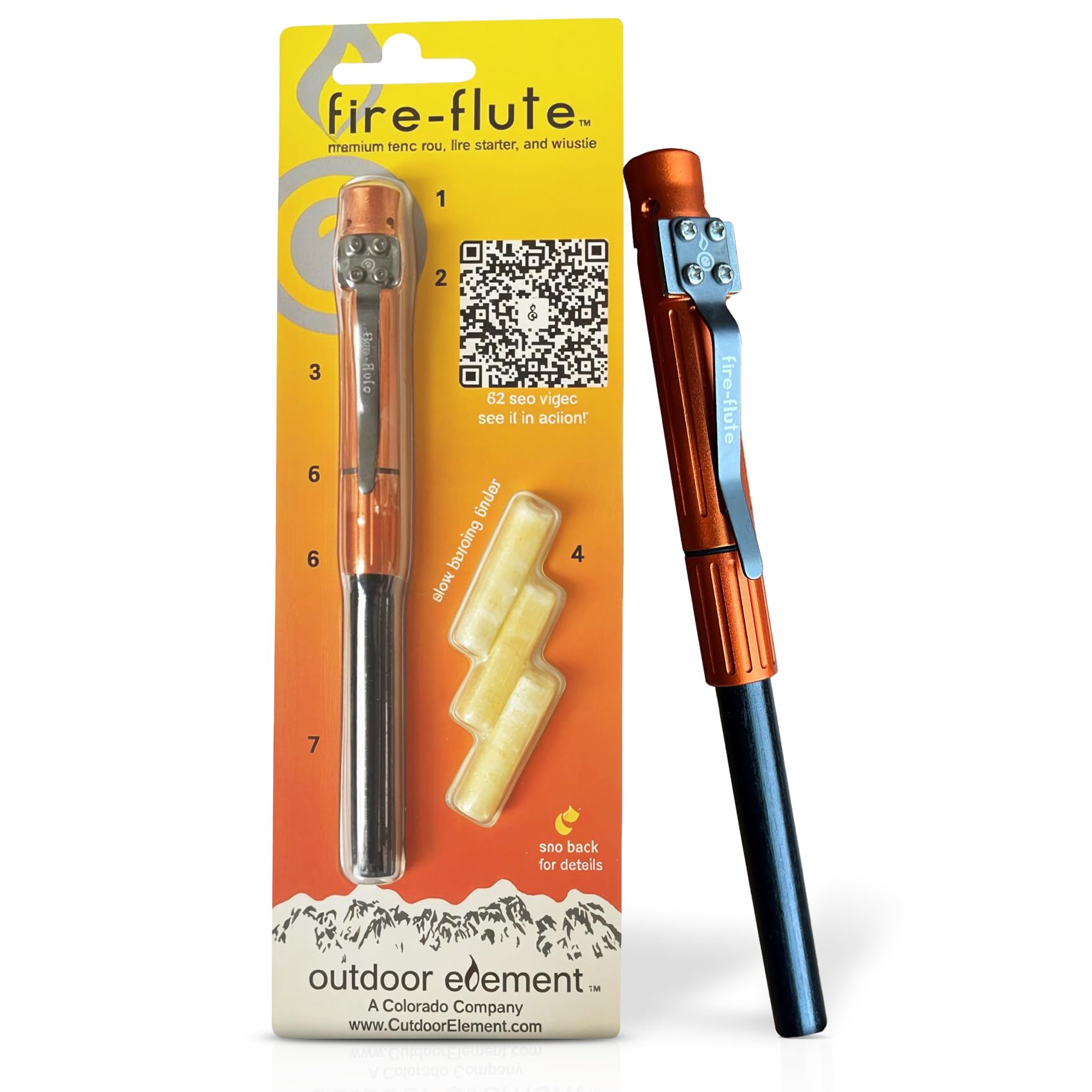 OUTDOOR ELEMENT Fire Flute™ – EDC Aluminum Signal Whistle with Built-in Ferro Rod & Water-Tight Tinder Compartment | Compact Survival Gear for Camping & Hiking