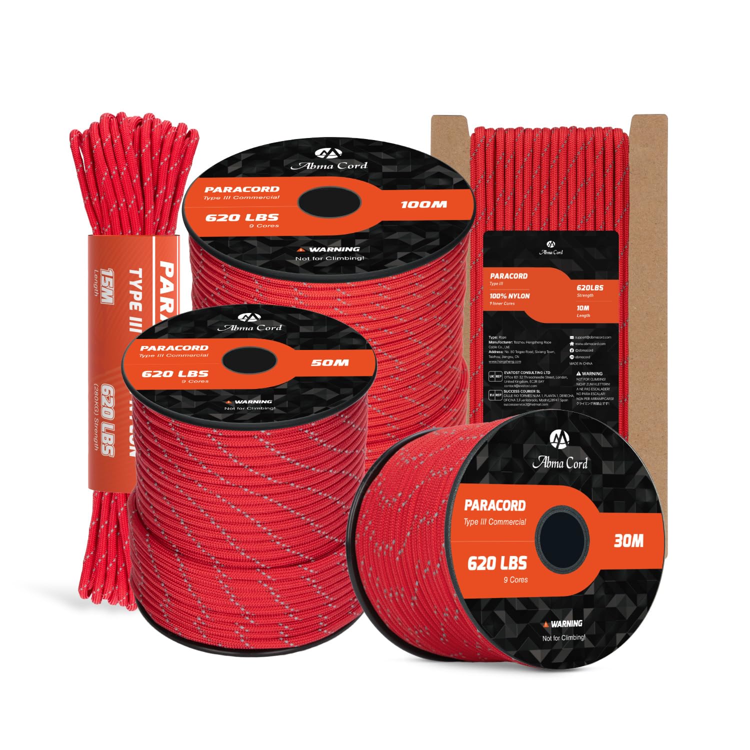 Abma Cord Paracord 4mm 15m 100% Nylon Rope 9 Strands Type III Parachute Cord for DIY, Camping, Survival, Outdoor - Max. 280kg - Reflective Red