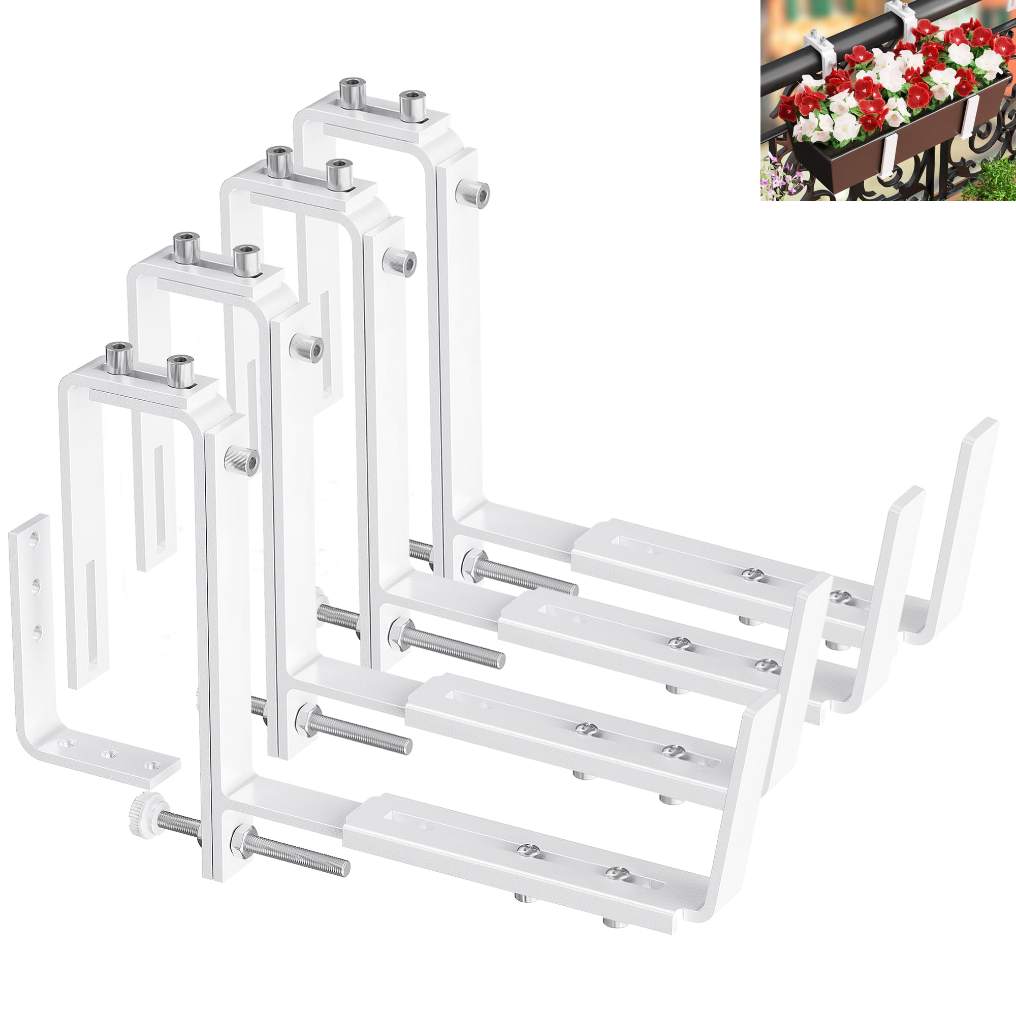 Photo 1 of Y&M Adjustable Window Box Brackets for Planter Box, Heavy Duty Wall Mounted Hooks Hangers for Flower Baskets Holder Durable, Hanging Brackets for Fence Patio Garden Balcony(4 Packs)