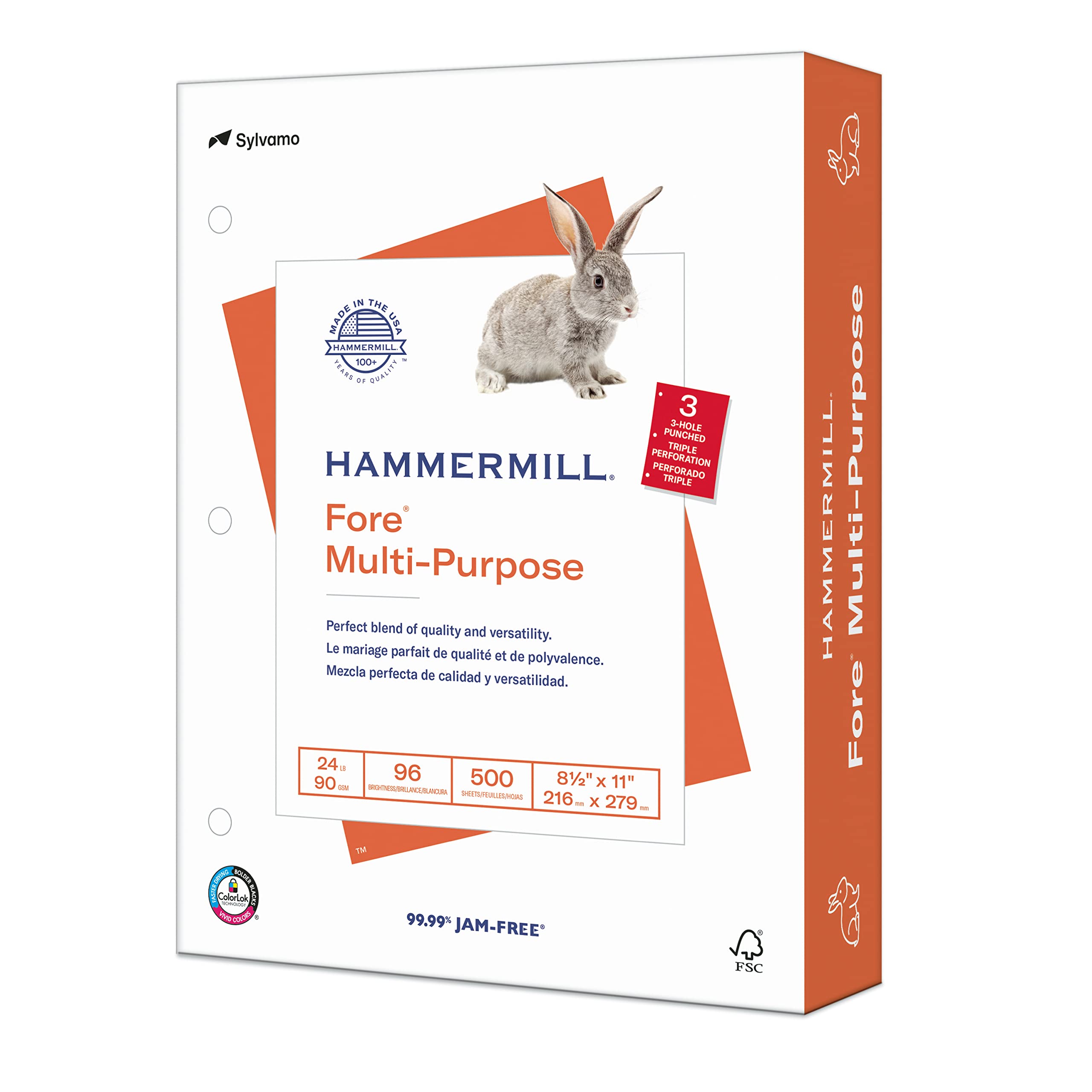 Hammermill Fore Multi-Purpose Copier Paper, 10.9 kg, 3 Holes, 1 Ream (500 Sheets), 96 Bright Made in USA
