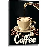 Coffee Canvas Wall Art Kitchen Wall Decor Black Poster Espresso with Coffee Bean Picture Vintage Prints Latte Art for Bar Dining Room Wall Decor Framed(Art-1,12.00x18.00 inch)