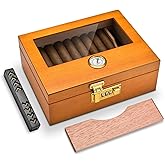 CIGARLOONG Cigar Humidor, Cedar Wood Humidor with Front Hygrometer and Humidifier, Glass Top and Combination Lock Desktop Cigar Box