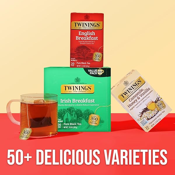 TWININGS IRISH BREAKFAST BLACK TEA INDIVIDUALLY WRAPPED BAGS, 100 COUNT (PACK OF 1), FLAVOURFUL, BOLD, AND ROBUST, CAFFEINATED, ENJOY HOT OR ICED, 100 TEABAGS