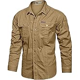 Eisctnd Men's Long Sleeve Work Shirt, Utility Cotton Button Down Cargo Shirts with Pockets for Casual Outdoor Safari