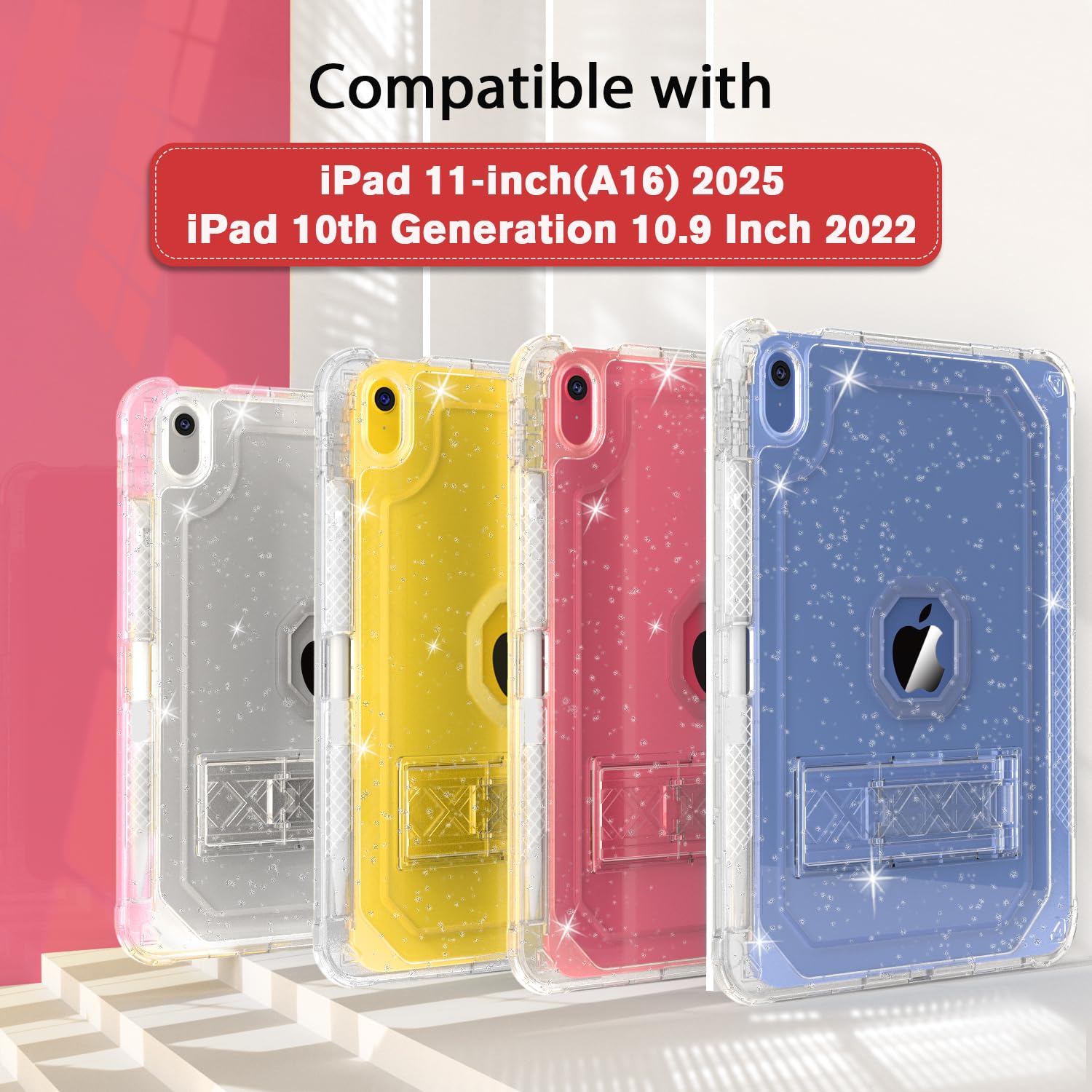 Case for iPad A16 11th Generation 11 Inch 2025 / 10th Gen 10.9 Inch Case 2022, Heavy Duty Shockproof Rugged Protective Translucent Cover with Pencil Holder Kickstand for Kids, Clear Glitter