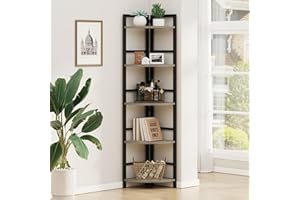 BON AUGURE Rustic Corner Shelf Stand, Tall Industrial Corner Bookshelf, Wood Metal 5 Tier Bookcase Shelves, Display Shelving Unit for Kitchen, Living Room (Dark Grey Oak)