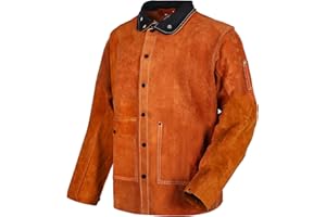 Leather Welding Work Jacket by QeeLink - Flame-Resistant Heavy Duty Split Cowhide Leather (Large)