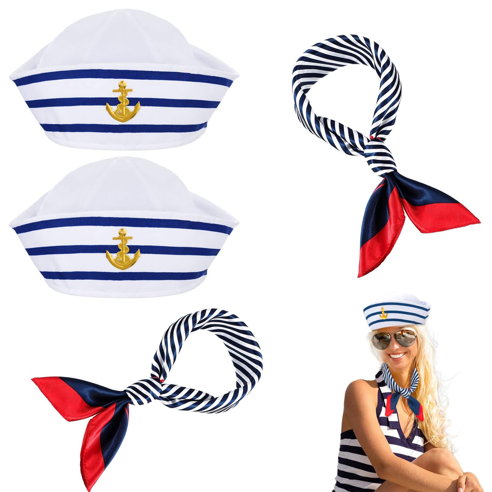 Captain-Sailor-Dressing-Accessory Captain Sailor Costume Set - Blue and White Striped Sailor Captains Hat＆Red Edge Blue Bar Square Scarf，Navy Outfit Dressing Up Party for Women Men Costume Accessory