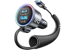 200W Car Charger USB C, PD100W Fast Charge w/100W Type C Fast Charging 5FT Coiled Cable, PD3.0/QC4.0/PPS Cigarette Lighter Phone Adapter for iPhone 17/16 ProMax, MacBook Pro/Air, Samsung S26/S25, iPad
