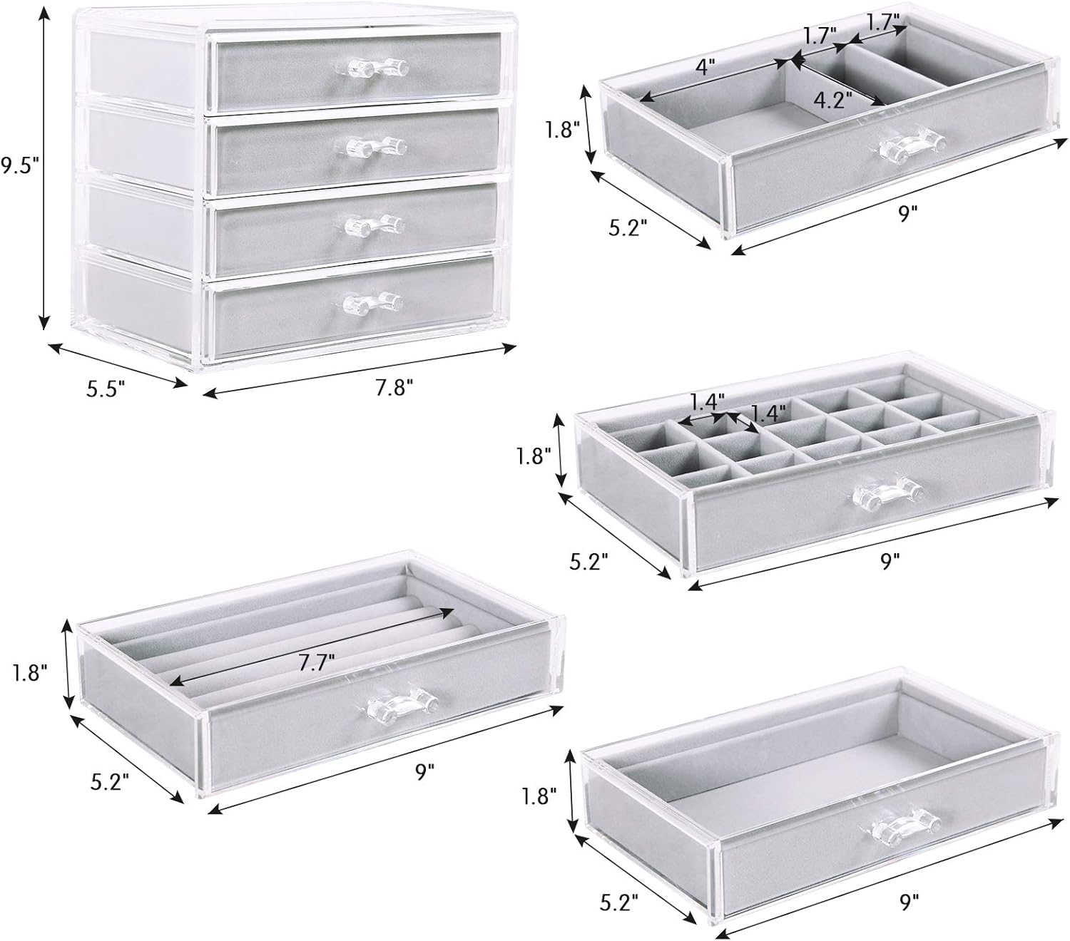 DIJA Acrylic Jewelry Box with 4 Drawers, Velvet Jewelry Organizer for Earring Bangle Bracelet Necklace Rings Clear Acrylic Jewelry Display case, Gray: Home Improvement