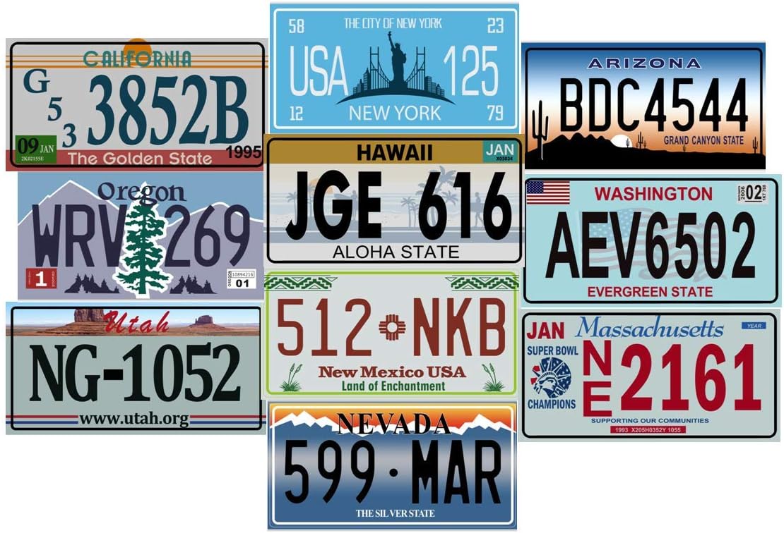 Set of 10 metal USA car LICENSE PLATES - replicas of real American plates (lot V1), Multi color