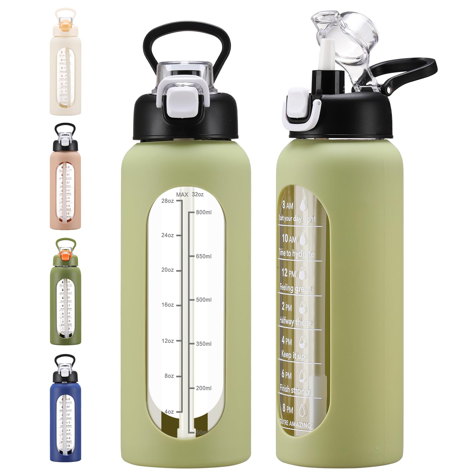 Photo 1 of chunmo 32 oz Glass Water Bolttles with Straw Large Motivational Water Bottle with Time Marker Sports Water Bottles with Silicone Sleeve and Handle Lid Water Jug for Gym Workout