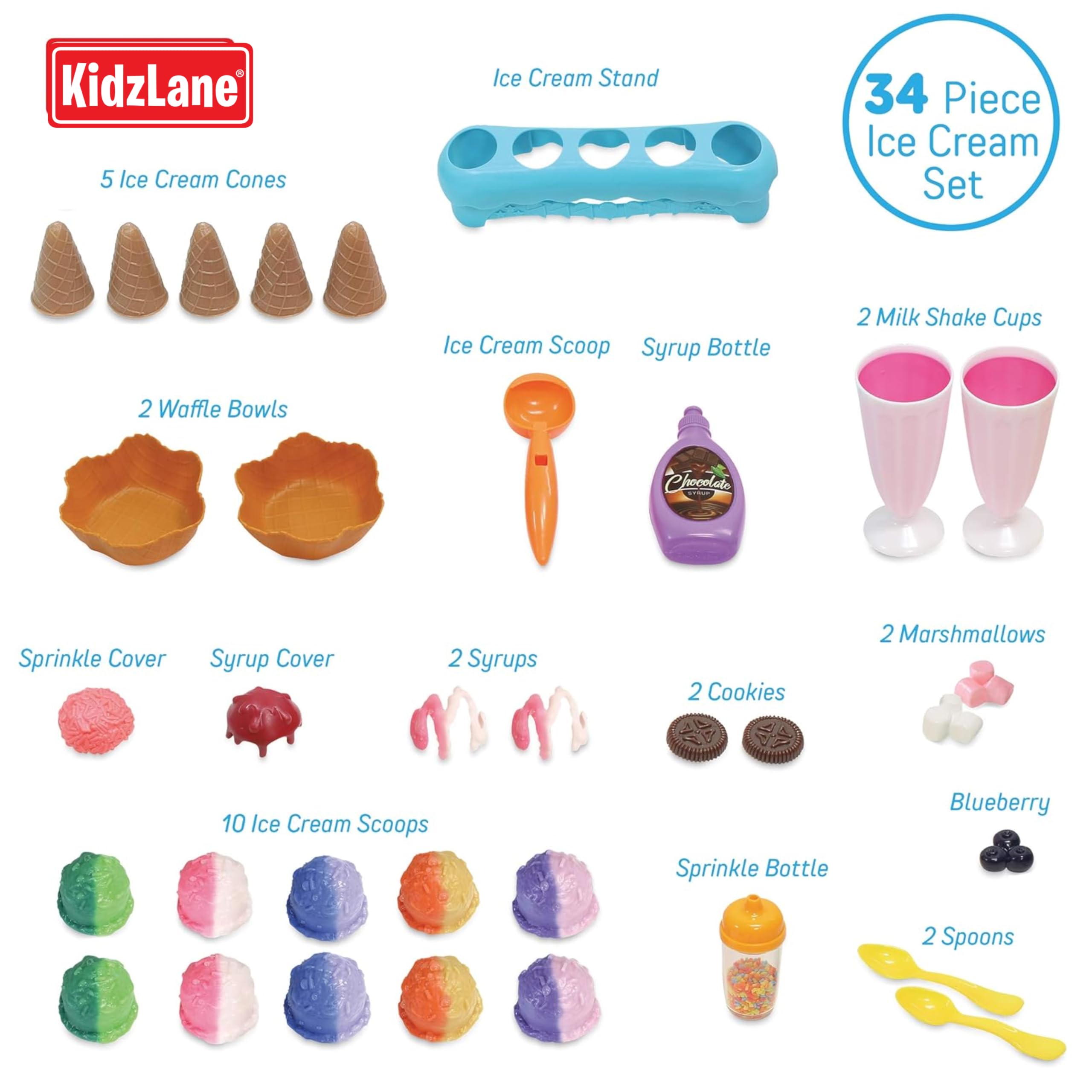 Kidzlane 34 Piece Ice Cream Play Set - Color Changing Scoops and Toppings - Fun Toddler Pretend Play Toy for Kids - Includes Cones, Cups, and Accessories for Ages 3 and Up
