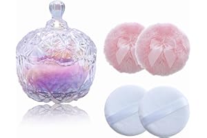 Qopoto 5 Pieces Large Body Powder Puff and Powder Container, Crystal Case for Dust Puff, Powder applicator with Box for Face and Body (Glitter, Crown)