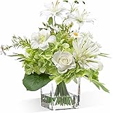 Artificial Flowers in Vase with Fake Water, 12.5" Realistic Silk Rose Peony Lily Faux Floral Arrangements with Glass Vase for Office Home Dinning Table Birthday Party Wedding Decor - White & Green