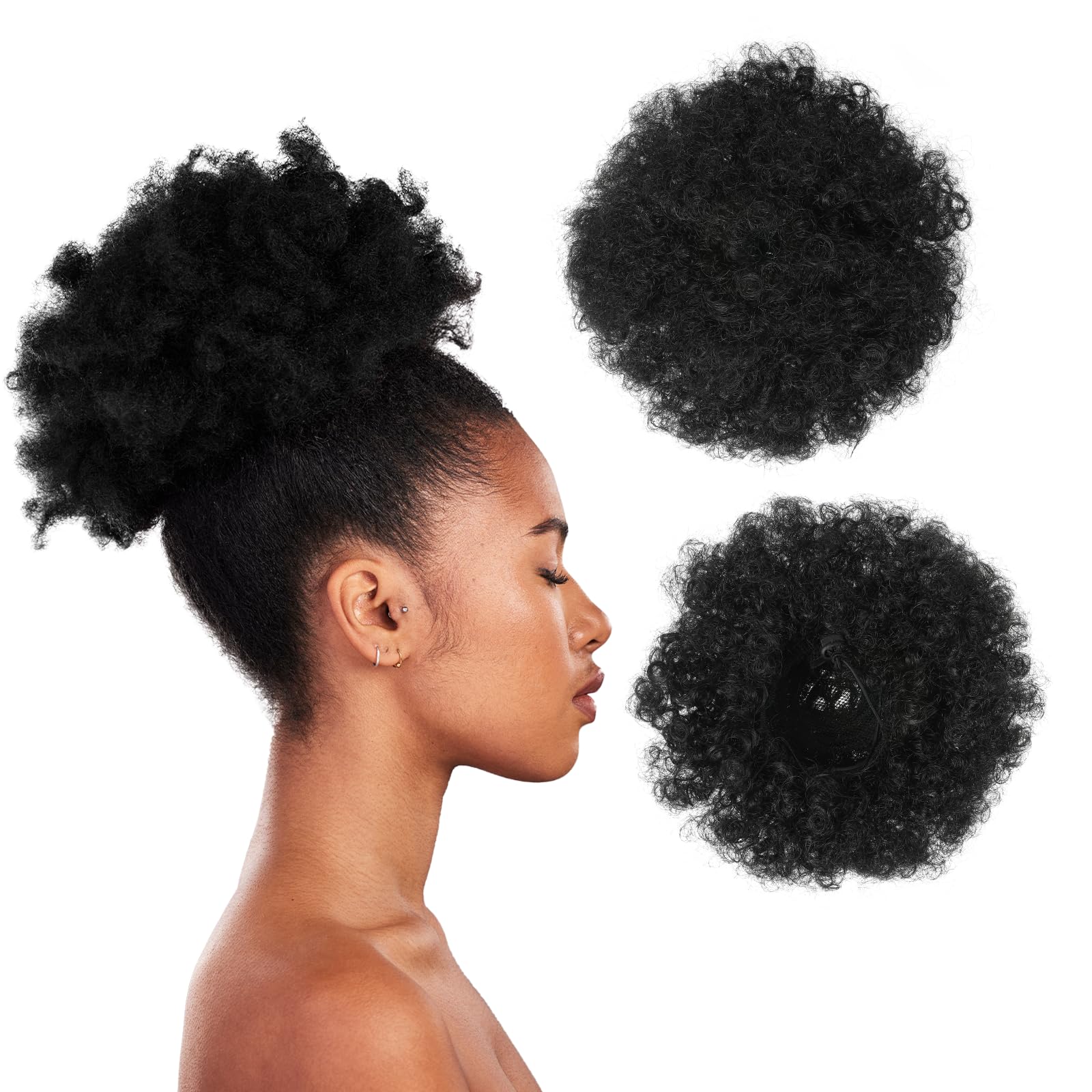 Dimeho Afro Puff Drawstring Ponytail for Black Women, Afro Puff Clip Short Synthetic Kinky Curly Bun Hair Extensions Afro Bun Ponytail Hair Puffs Fluffy High Updo Hairpieces (1B, Natural Black)
