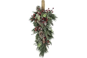 Fuxdre 23 Inch Christmas Swag for Front Door, Artificial Christmas Teardrop Decoration with Pine Needles and Berry, Christmas Stair Swags Hanging Holiday Decor for Indoor Outdoor Window Wall