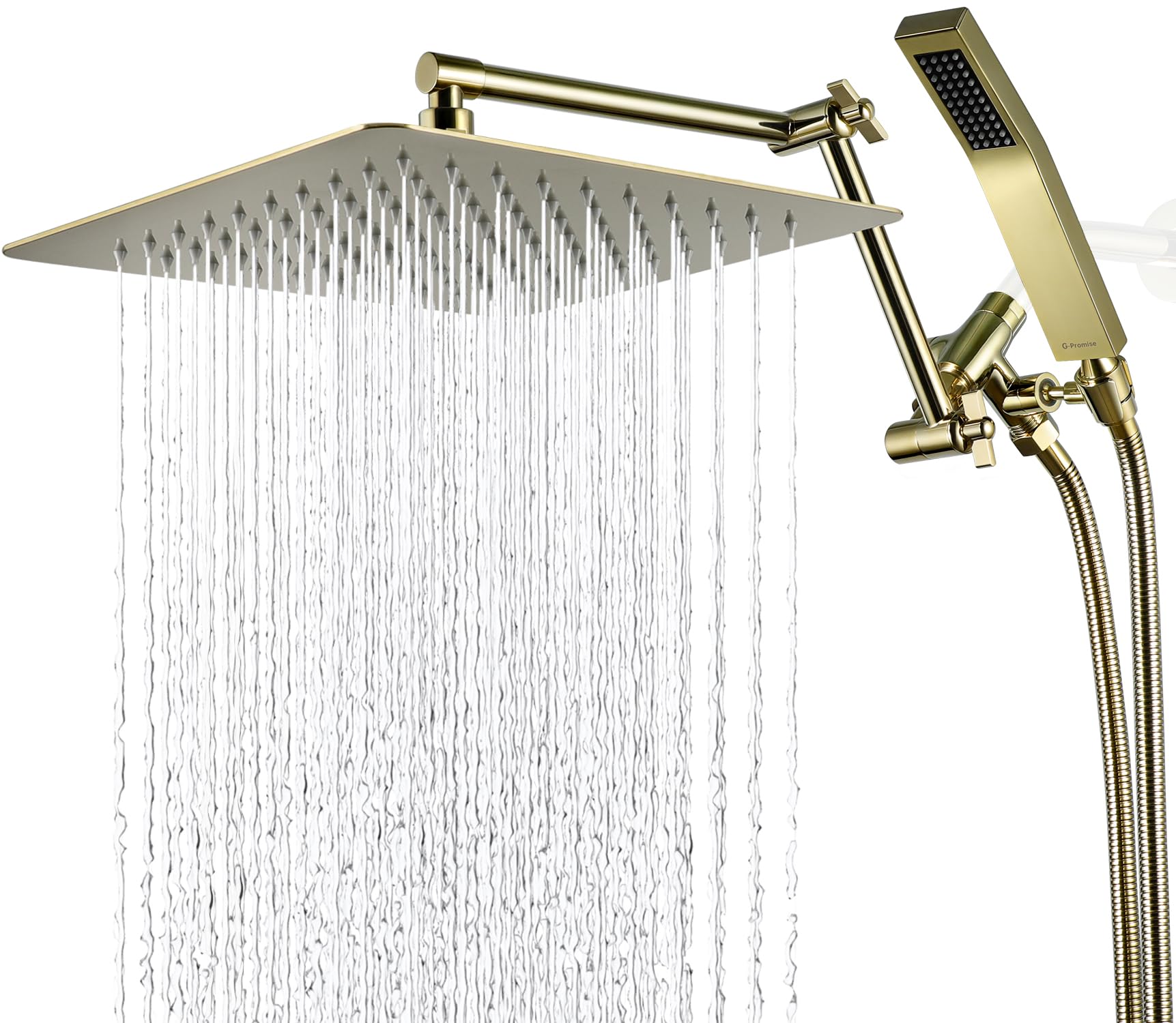 Photo 1 of G-Promise All Metal 12 Inches Rainfall Shower Head with Handheld Spray Combo, 3 Settings Diverter, Adjustable Extension Arm with Lock Joints, 71 Inches Stainless Steel Hose (Polished Brass)