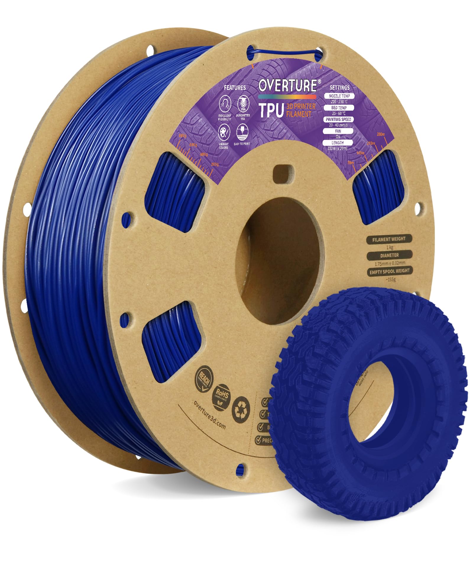 OVERTURE TPU Filament 1.75mm Flexible TPU Roll, 95A Soft 3D Printer Filament, 1kg Spool (2.2 lbs), Dimensional Accuracy +/- 0.02 mm(Blue)