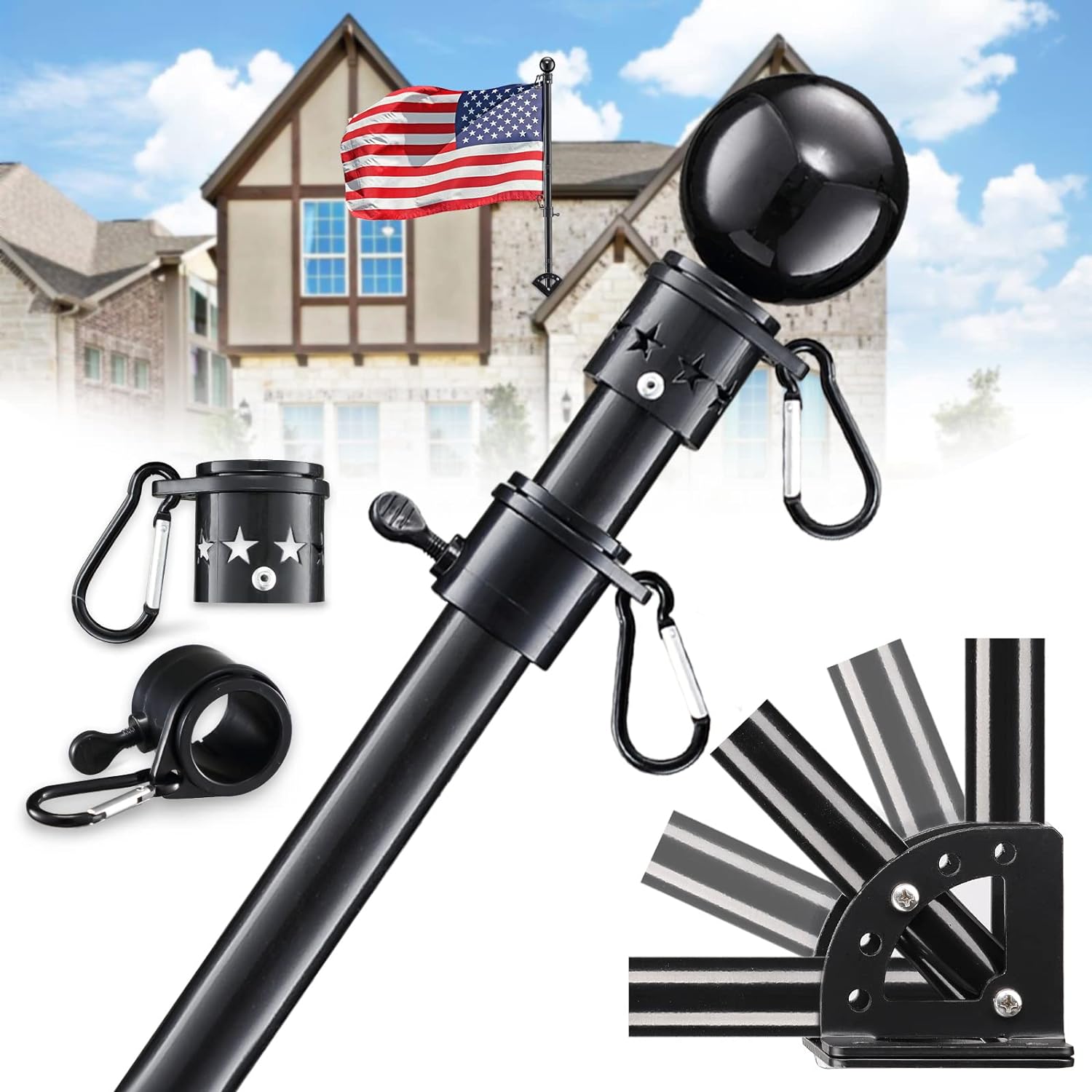 Flagpole Hardware - Flag Poles for Outside House - 5ft Tangle Free Flag Pole for House,Flagpoles Residential with Multi-Position Holder Bracket,Heavy Duty Flag Pole Kit High Wind Resistant for Outdoor,Porch,Truck-Black